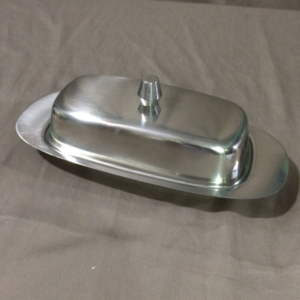 Vintage Oneida Stainless Steel Covered Butter Dish Two Piece Serving Tray